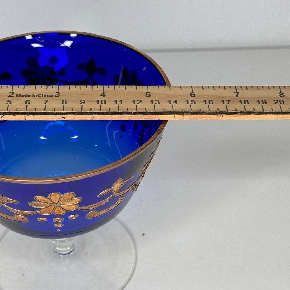 VTG Cobalt Blue Glass Compote Bowl Enamel Gold Gilt Pedestal Dish Candy Bohemian